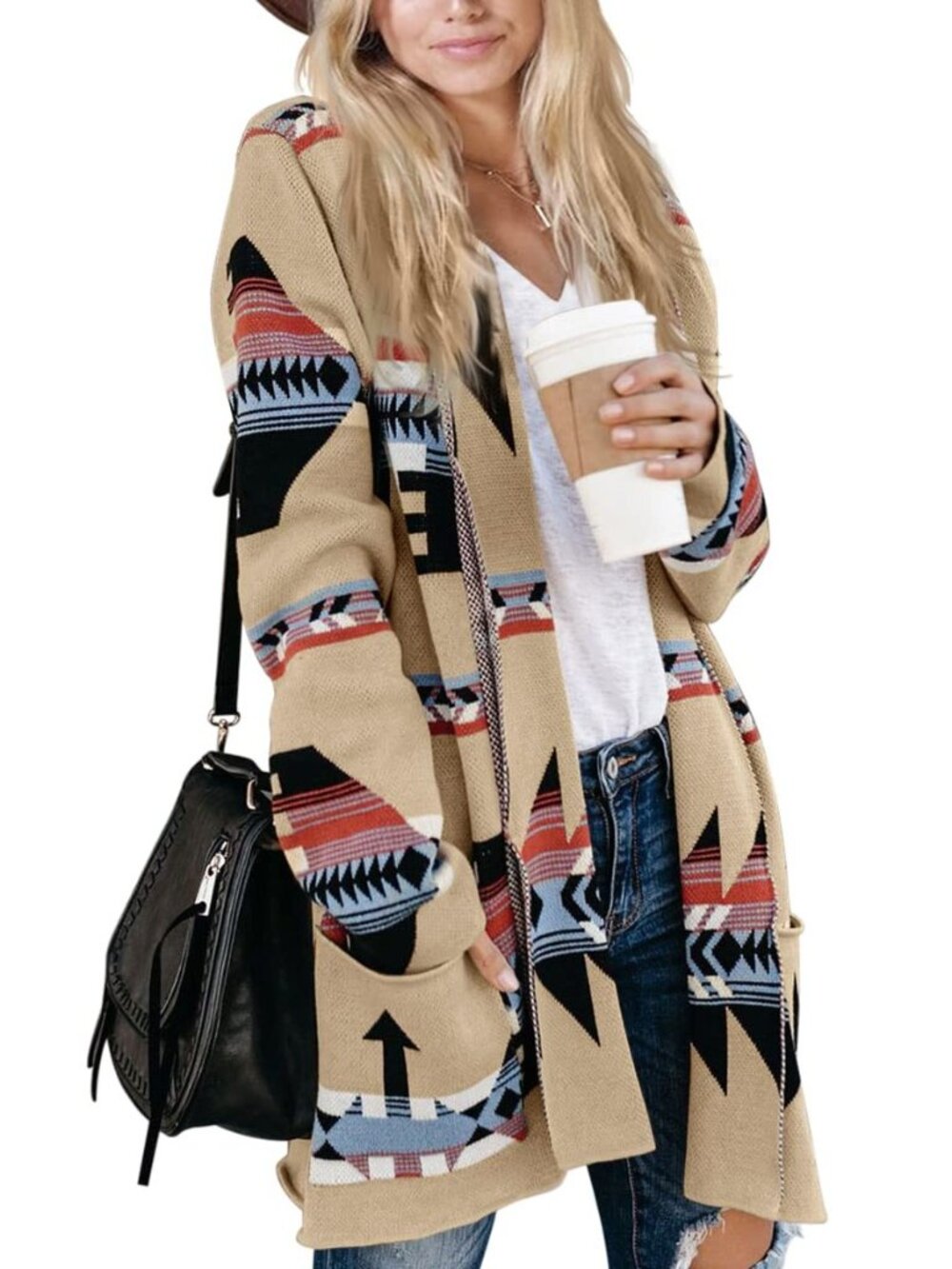 Women Boho Cardigan Aztec Open Front Long Sleeve Shawl Collar Sweater Coat